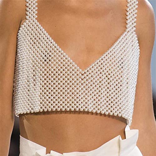 Ypser Women Sexy Pearls Beaded Crop Top Spaghetti Pearl Tank Top Cover Up Top Party Vest (Small-Medium) White-B #TOP4