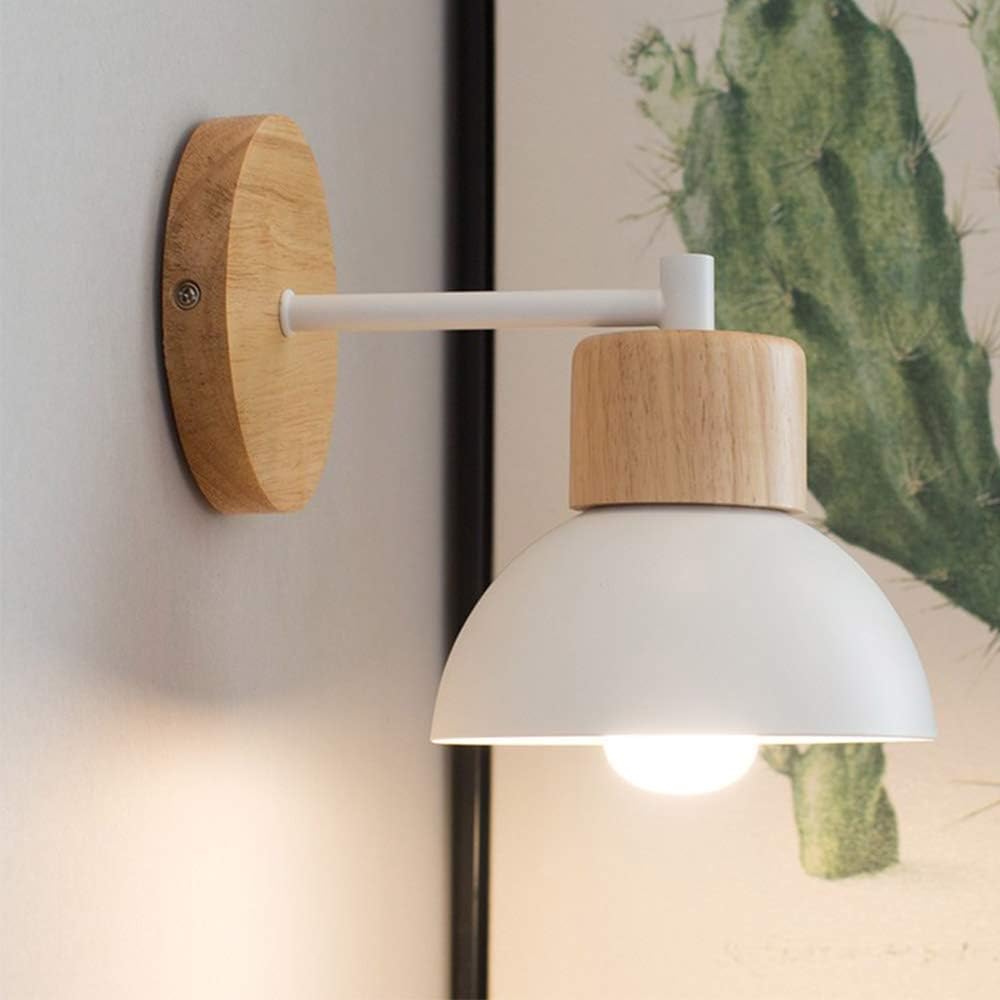 Wooden Wall Lights Modern E27 Base Wall Sconce Lamp Contemporary Lighting Fixtures White Metal Lamp Shade for Living Room Bedroom Kitchen Dining Room