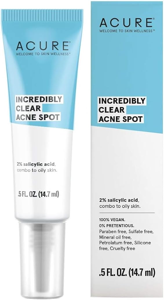 ACURE Incredibly Clear Acne Spot - Pimple Remover Treatment Cream with 2% Salicylic Acid - Target Blemishes & Stop Breakout - Reduce Redness, Draw Out Clog Pores - Combo for Oily Skin - Vegan - 0.5 Oz