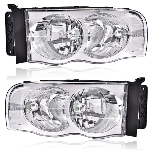 PIT66 Headlights Assembly, Compatible with 2002-2005 Dodge Ram 1500/ Fit 03-05 Dodge Ram 2500 3500 Headlamp Accessories Left and Right Replacement Cle