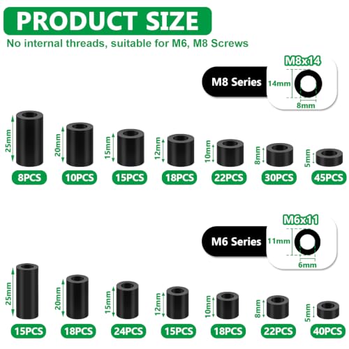 Image of 300PCS Black Nylon Spacers Kit, 14 Sizes- 5mm, 8mm, 10mm, 12mm, 15mm, 20mm, 25mm Length for M6 M8 Screws, Non-Threaded Round Plastic Spacers Suitable for Switch & Receptacle Screws
