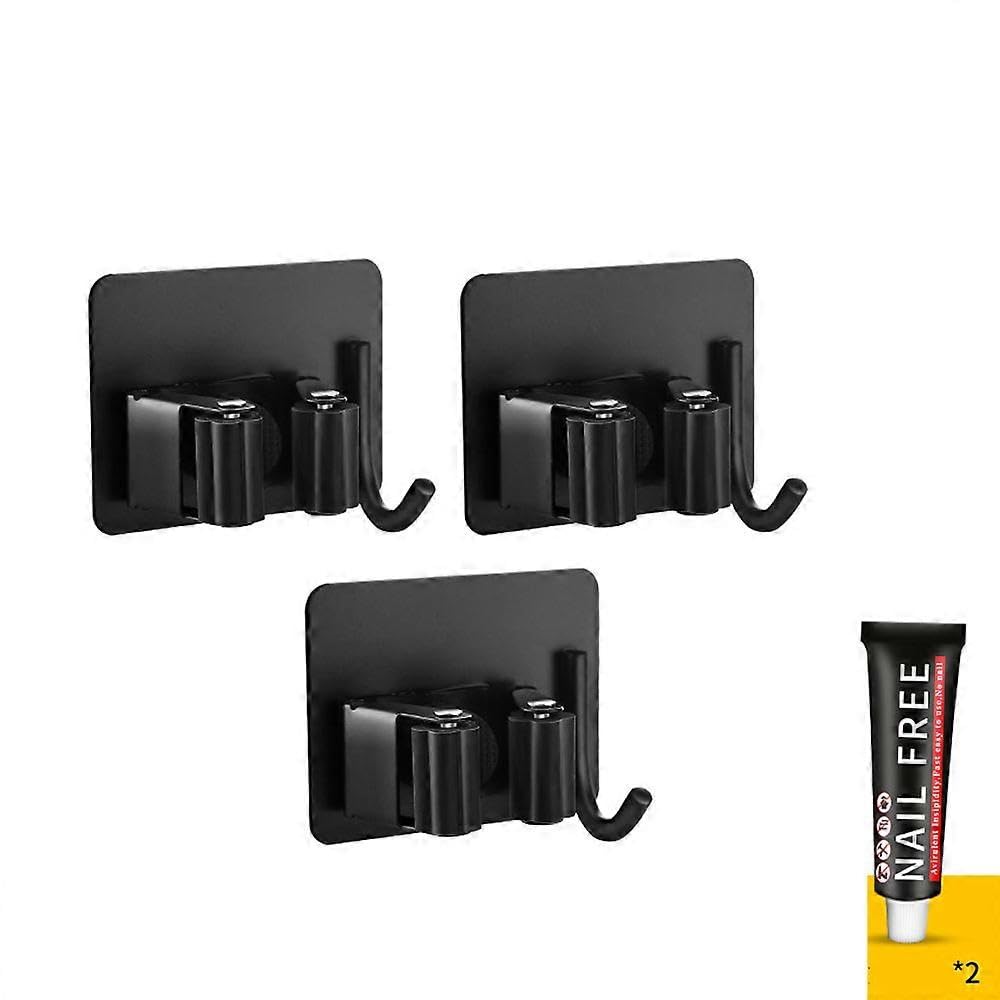 JOYHAPPST 3PCS Wall Mounted Stainless Adhesive Mop Holder with Hooks for Kitchen Garden Balcony Garage