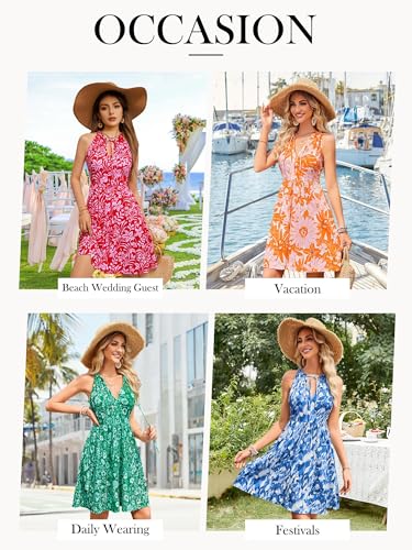 Image of HUHOT Petite Women Teen Summer Halter Dress Vacation Mini Sundress with Pockets