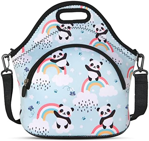 Violet Mist Panda Neoprene Lunch Bag for Women Thermal Insulated Soft Lunch bag with Extra Pocket Detachable Adjustable Shoulder Lunchbox Handbags Women men Christmas Gift