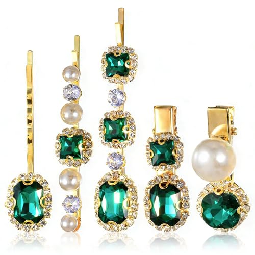 5PCS Vintage Green Crystal Pearl Gold Hair Accessories, Elegant...