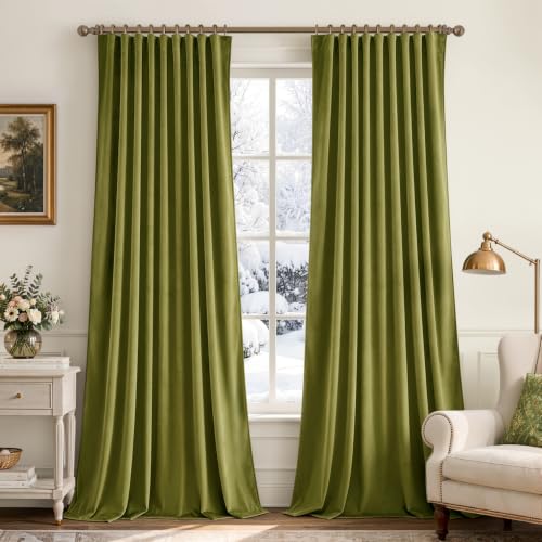 Image of MIULEE Moss Green Velvet Pinch Pleat Blackout Curtains W52 X L96 Inches