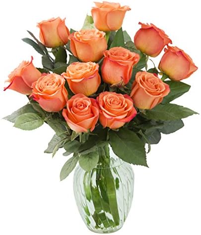 KaBloom PRIME OVERNIGHT DELIVERY - Bouquet of 12 Fresh Orange Roses (Farm-Fresh, Long-Stem) with Vase