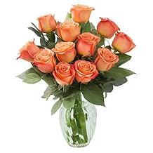 KaBloom - Bouquet of 12 Fresh Orange Roses Farm-Fresh, Long-Stem with Vase - Fresh Flowers for Birthday, Valentines & Mothers Day