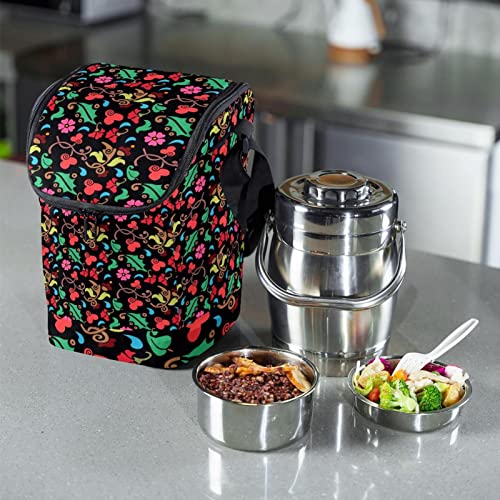 Lonchera grande floral negra con correa ajustable de transporte cómodo 7