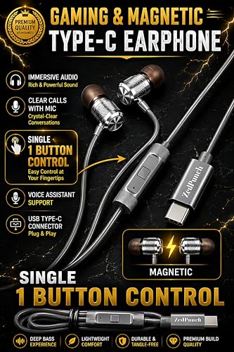 Image of ZedPunch Gaming Type-C Wired Earphone with Mic, 10mm Dynamic Bass Driver, Magnetic in-Ear Headphones, Low Latency Sound for Gaming, 1 Button Control, HD Calling, Voice Assistant (Silver Grey)