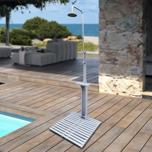 Premium Outdoor Garden Shower with Wooden Base Stand for Pool, Patio, Deck, Backyard, and Hot Tub Areas (Gray + Solid Wood)