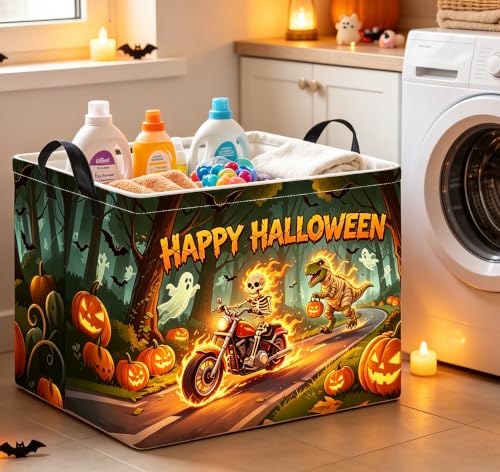 Image of Rectangle Storage Basket with Handles,Collapsible Storage Bin,Gift Basket(Fire Halloween)