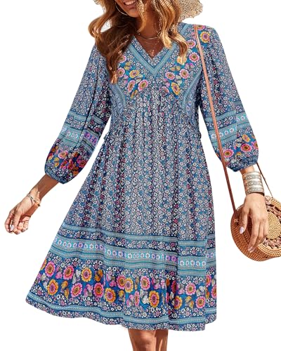 Image of BTFBM Women Casual Spring Summer Dresses V Neck 3 /4 Long Sleeve Ruffle Floral Flowy Boho Babydoll Mini Short Beach Dress