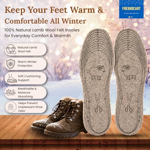 Image of FreshDcart Wool Felt Insoles for Shoes | 100% Natural Lamb Wool Shoe Inserts | Warm, Soft & Comfortable Winter Boot Insoles for Men & Women