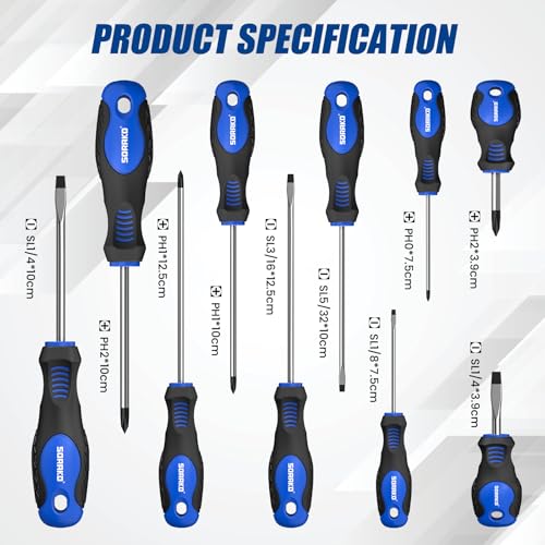 Image of SORAKO 11-Piece Magnetic Screwdriver Set, 5 Phillips and 5 Slotted Tips, Include Magnetizer, Screwdriver with Professional Non-Slip Grip, for Home Repair and DIY Projects,With Case