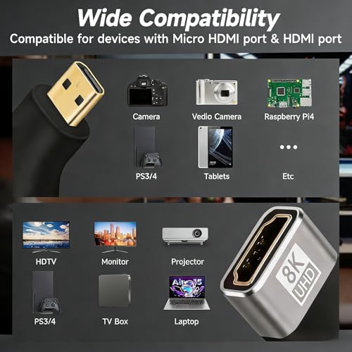 Adaptador Mini y Micro HDMI a HDMI 2.1 convertidor macho a hembra 8K 3D 3