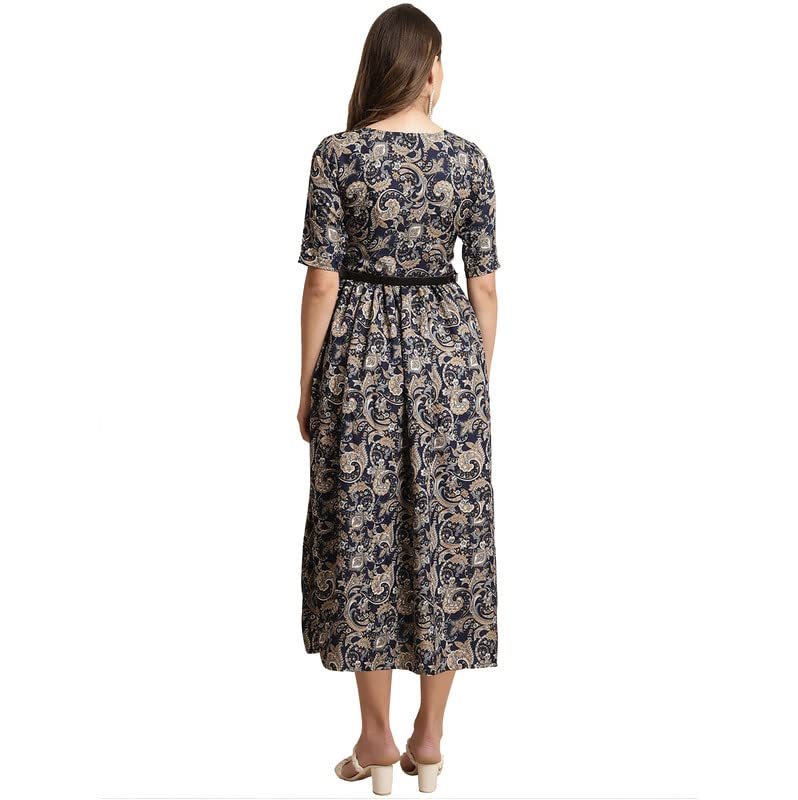 Preneum Girls's Georgette Floral Printed 3/4 Slevees A-Line Fit & Flare Gown With Belt, Navy Blue, Xl