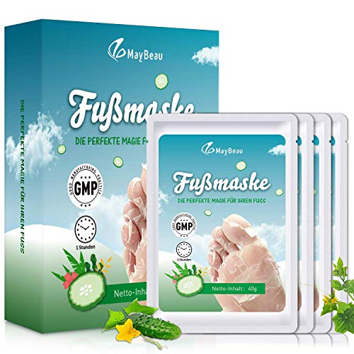 MayBeau Fußmaske 4 Paar Hornhaut Socken zu Entfernung Exfoliating Fußpflege Set mit Gurke Duft Fuß Hornhautentferner Fuß Peeling Maske Erhalten Samtweiche Babyfüße in 2-7 Tagen