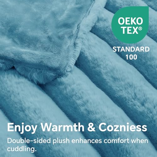 Image of BEDELITE Faux Fur Throw Blanket for Couch, 770GSM, 50 inch x 60 inch, Light Blue | Soft and Cozy Luxurious 3D Striped Fluffy Blanket, Warm Plush Fuzzy Faux Rabbit Fur for Women Gift, Stylish Room Decor