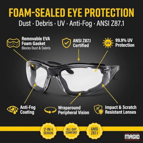 Image of MAGID Gemstone Onyx Foam Lined Safety Glasses, ANSI Z87.1, Removable Foam Seal Blocks Dust & Debris, Anti-Fog UV Protection, Wraparound Gray Lens, Black Frame, 1 Pair, Y84