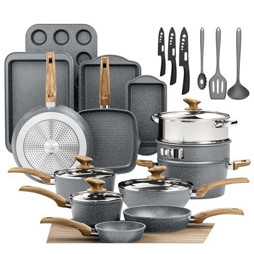 Image of DishDelight Induction Pots and Pans Set Non Stick, 30 Piece Nonstick Kitchen Cookware Sets, Nonstick Granite Cooking Set Induction Pots and Pans, Grey