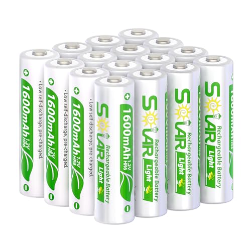 WENJOOP AA Rechargeable Batteries for Solar Lights, NiMH 1.2V 1600mAh, Precharged Low Self-Discharge, 16-Pack Replacement for Outdoor Garden, Pathway, Deck/Fence & Solar String Lights