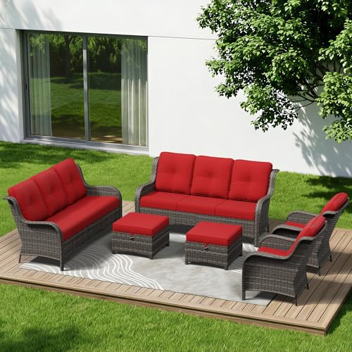 Image of 6 Piece Outdoor Wicker Patio Furniture Set, Patio Chairs Set with Thickened Olefin Cushions, High Back and Deep Seating, Hand-Woven PE Rattan, Ottoman for Porch, Deck