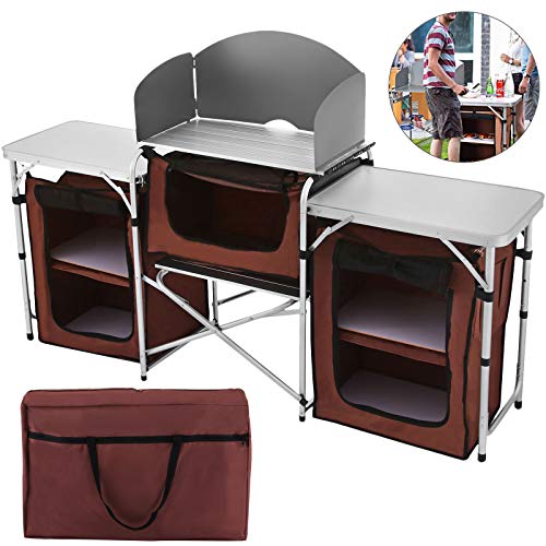 VBENLEM Camping Kitchen Table with Windscreen and Storage Organiser, Aluminum Folding Cook Table