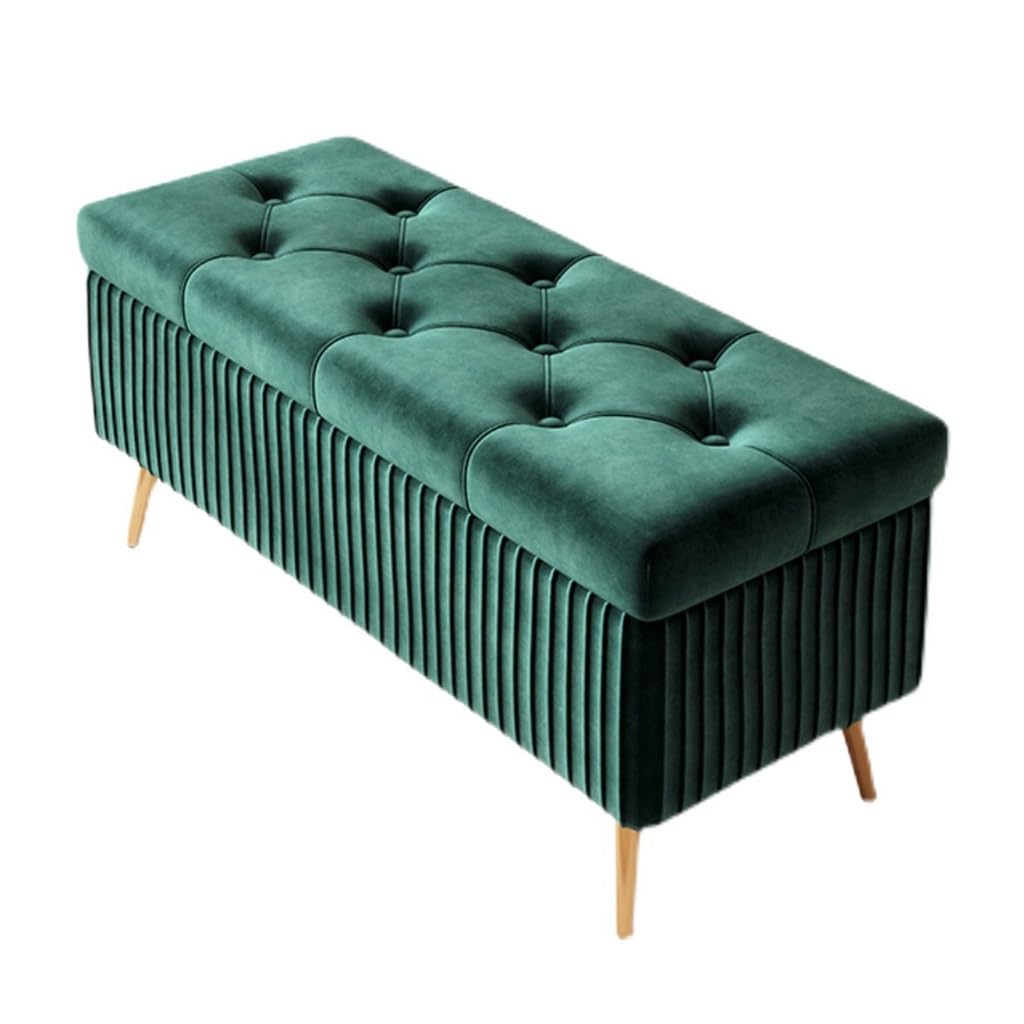 WDSOPK Velvet Storage Bench Foot Stool for Living Room,Upholstered Storage Ottoman with Golden Legs,Rectangular Storage Chest Velvet Footstool for Entryway（Green-60cm）