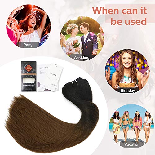 Clip In Hair Extensions Human Hair Ombre Hair Natural Black Fading to Medium Brown Brazilian Hair 120g 7pcs Per Set Remy Hair Full Head Silky Straight Human Hair Clip In Extensions(22 Inch #1BT4)