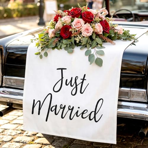 HunnmingRe Just Married Linen Sign for Wedding Car Banner Decorations 24 x 60 Inch Just Married Banner for Wedding Car Table Runner for Bridal Ceremony Party Decorative Supplies