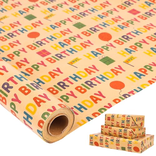 HBell Birthday Wrapping Paper Roll 43cm*10m Happy Birthday Wrapping Paper Colorful Kraft Gift Wrapping Paper for Birthday Party Baby Shower Christmas Festive Decorations