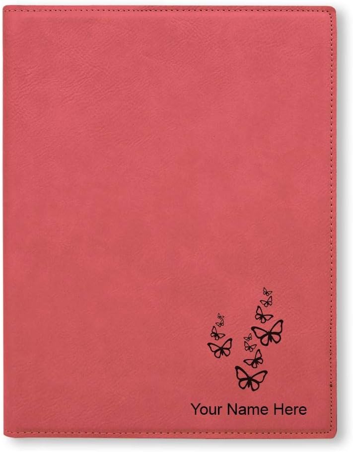 Small 7" X 9" Portfolio Notepad, Butterflies, Personalized Engraving Included (Pink)
