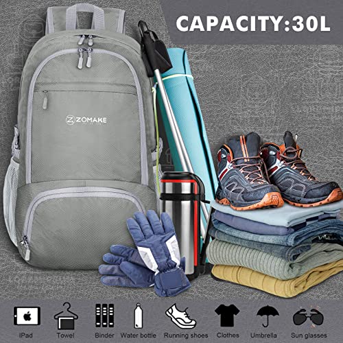 Zomake Lightweight Packable Backpack 30L - Foldable Hiking Backpacks Water Resistant Compact Folding Daypack For Travel(Sliver Grey) #TOP2