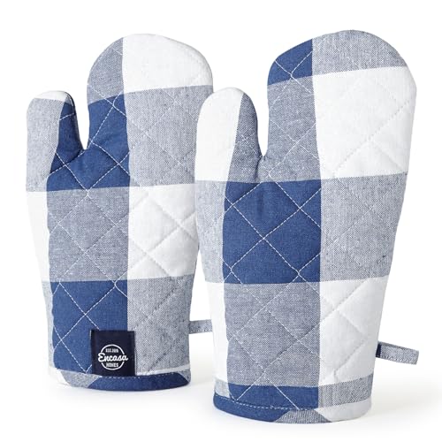 Image of Encasa XO Oven Gloves for Microwave (2 pc Set) - Heat Proof, Thick & Safe | Longer 18x30 cm Mittens for Protection in Kitchen Cooking & Baking - Buffalo Blue Checks