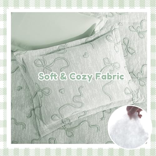 Image of Queen Comforter Set - 7 Pieces Bow Jacquard Bed in a Bag Girls Bedding Set | Cottage Core Bedding Sets, All Season Bed set with Comforter, Sheets, Pillowcases & Shams, Light Green