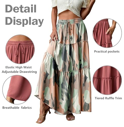 Image of Lepunuo Womens Casual Boho High Waisted Flowy Maxi Skirts Tiered Floral Long Skirts with Pockets for Summer Beach Vacation