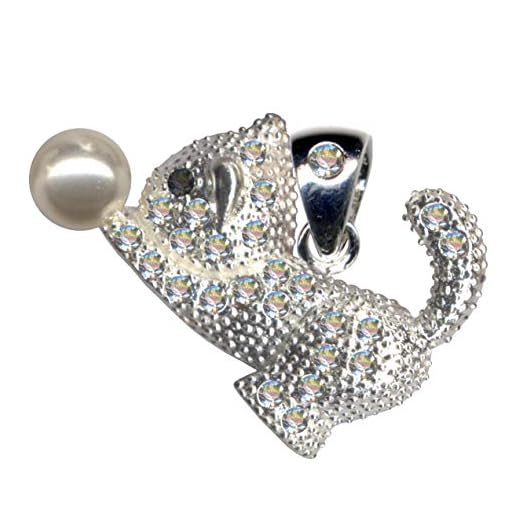 Spelande katt kattunge med pärla silverhänge hänge hänge hänge vitt äkta sterling silver 925 zirkonium kristaller strass hals smycke silversmycke sterlingsilver 925 nya vita klart svart