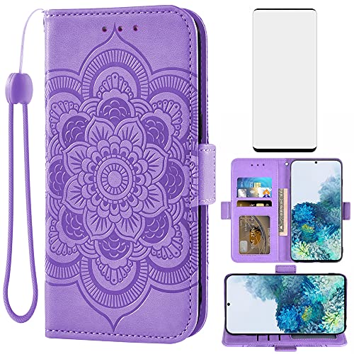 Téléphone Case Samsung S20 Plus 5G avec vitre verre trempé portefeuille cuir clapet fleur