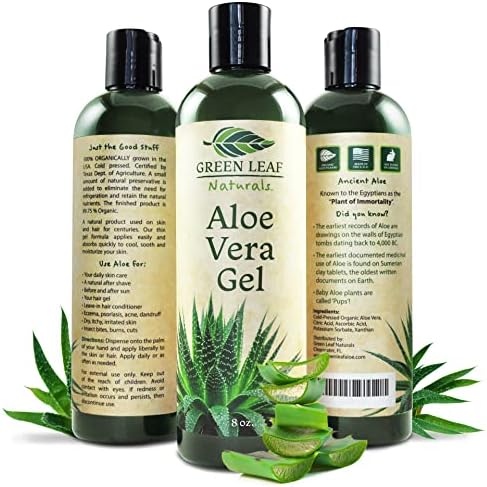 Green Leaf Naturals Organic Aloe Vera Gel for Natural Skin Care | 100 % Pure Aloe Vera | Thin Aloe Gel for Skin, Face, Hair, Daily Moisturizer, Aftershave lotion, Sunburn Relief - 8 Ounce