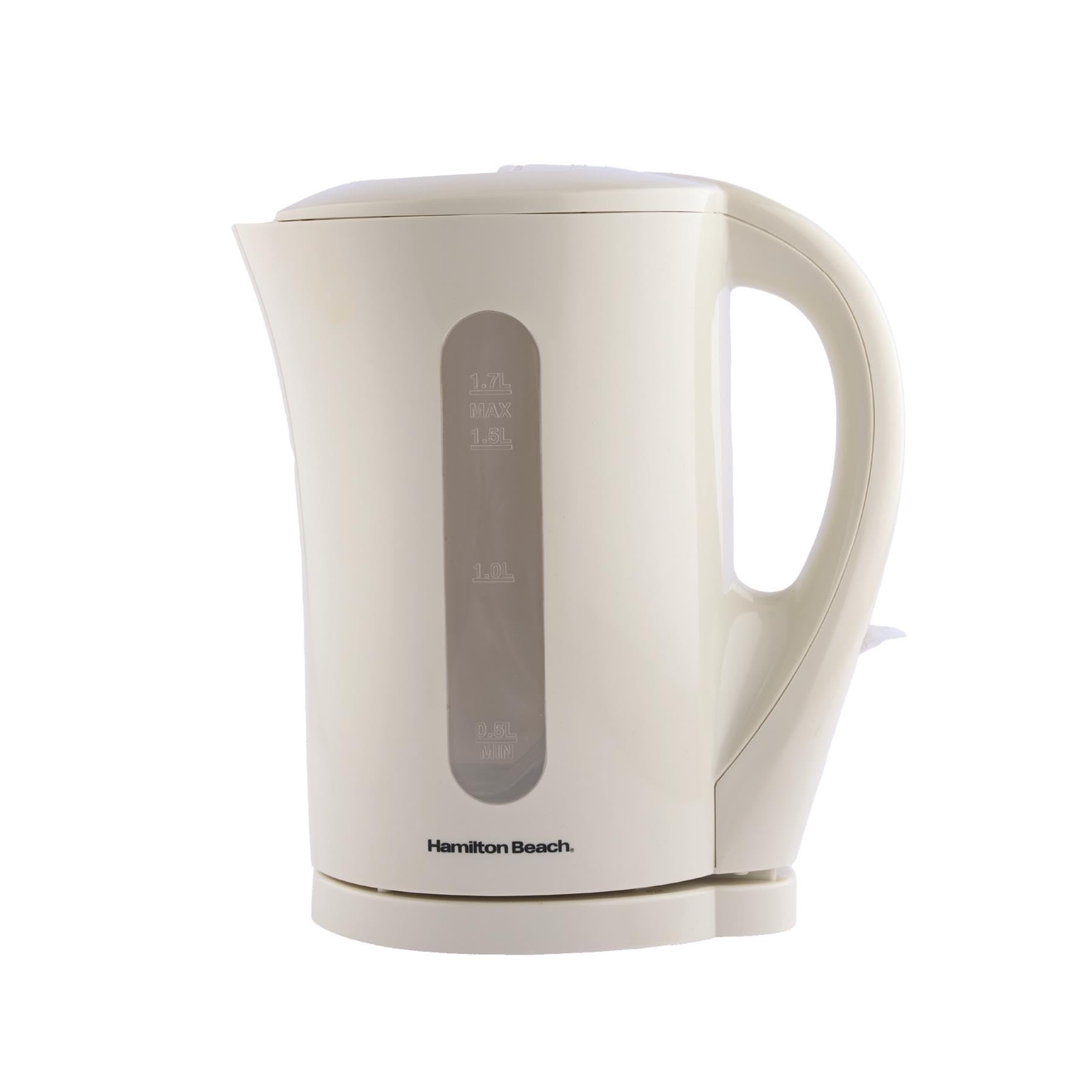 Hamilton Beach Essential Plastic Electric Kettle, 1.7L, Boil Dry Protection, Detachable Filter, Ergonomic Design, Pull Lid, Makes 7 Cups, Auto Shut Off, Water Level Window - HB1107C, Cream