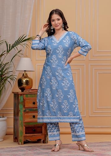 Image of MEERA FAB Women's Cotton Blend Straight Printed Kurta with Palazzo & Dupatta