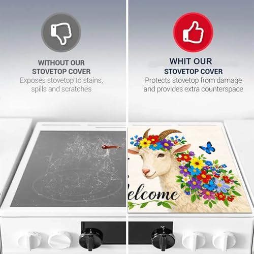 Image of HOMETITUTE Spring Stove Top Cover 28x20 Welcome Goat Floral Heat Resistant