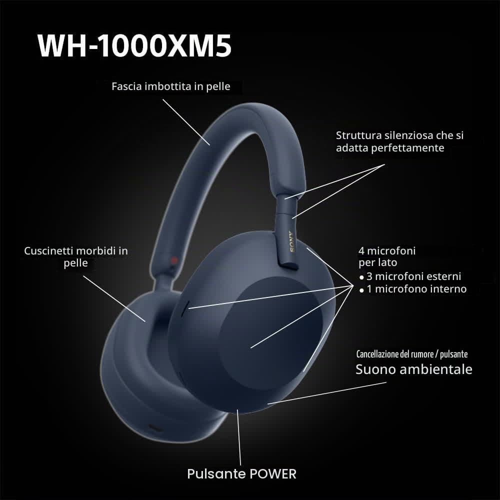 Sony WH-1000XM5 Cuffie over-ear wireless con cancellazione del rumore, Bluetooth, qualità chiara delle chiamate, alta risoluzione, durata della batteria fino a 30 ore, blu notte (rinnovato)