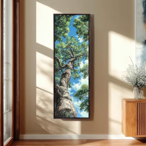 Art mural forêt verte et tableau arbre haut vertical, décoration paysage rustique chêne