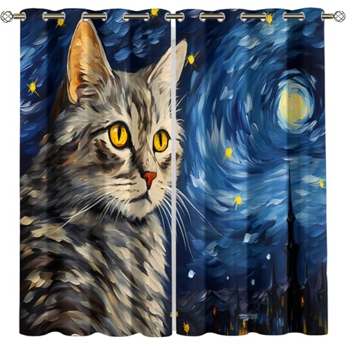 CTTELUN Cute Cat Curtains - Starry Sky Blackout Curtains for Girls Room, Oil Painting Style Drapes for Kids Bedroom, Window Curtain Decor (2 Panels 31.5 x 72 Inch)