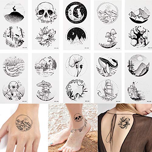 20 Sheets Temporary Tattoos Stickers Waterproof Fake Tattoo Stickers Black Mountain Tattoos Water Transfer Fake Tattoos for Women Men Kids Body Arm Art Makeup, Mixed Styles