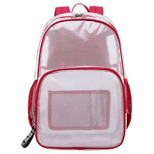 mygreen Heavy Duty Clear Backpack Durable Multi-Pockets See Through Student School Bookbag Waterproof Transparent Beach Girls Travel Bag (Red, Large)