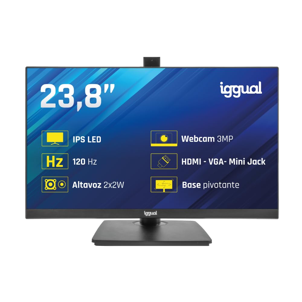 iggual Monitor 23.8” IPS Full HD - Pivotante,Giro 90º + Inclinación y Rotación, Altura Ajustable, 1 ms - Webcam Retráctil 3 Mpx Ideal Videoconferencias- Color 90% sRGB - USB/HDMI/VGA- (ML24WC)