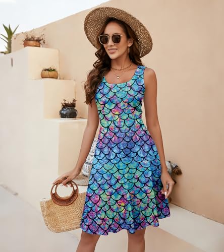 Image of uideazone Women Funny Print Sleeveless U Neck A Line Casual Midi Dress | Soft Stretchy Breathable Fabric Flared Swing Sundress Fitted Waist for Daily Wear 80 /90s Themed Party Beach Vacation Trips